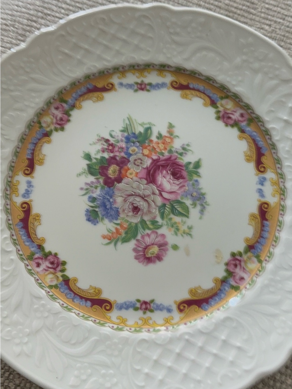 Limoges Porcelain Floral Plate with Gold-Trimmed Border